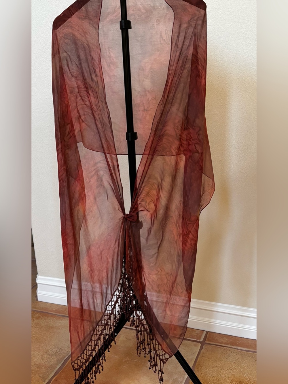 AS IS Sue Wong Sheer Tie-Front Sheer Shawl w/ crochet & beaded trim.NEEDS REPAIR